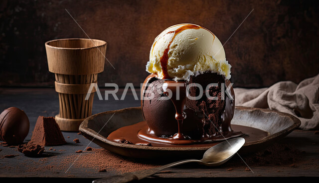 طبق ايس كريم بنكهة الكاكاو والفانيليا ، ايس كريم الشوكلاتة، طبق البوظة البني، حلويات صيفية باردة، ايس كريم طازج، مرطبات صيفية, خلفيه بنية .