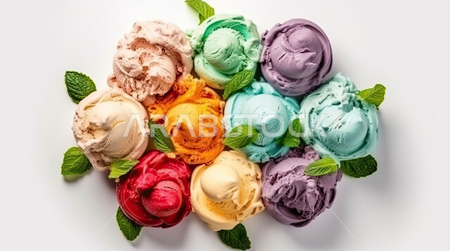Cool summer desserts, picture from above of ice cream dishes with various flavors with mint, fruit ice cream, colored ice cream cups, fresh ice cream, summer refreshments, white background.