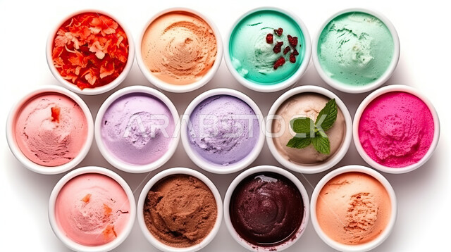 صورة من الاعلى لاطباق الايس كريم بنكهات متنوعة مع النعناع، ايس كريم الفواكه، أكواب البوظة الملونة، حلويات صيفية باردة، ايس كريم طازج، مرطبات صيفية, خلفيه بيضاء .