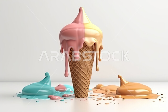 بسكويت الايس كريم بنكهة الفراولة والليمون، قمع البوظة بنكهات متنوعه، حلويات صيفية باردة، ايس كريم طازج، مرطبات صيفية، خلفية بيضاء