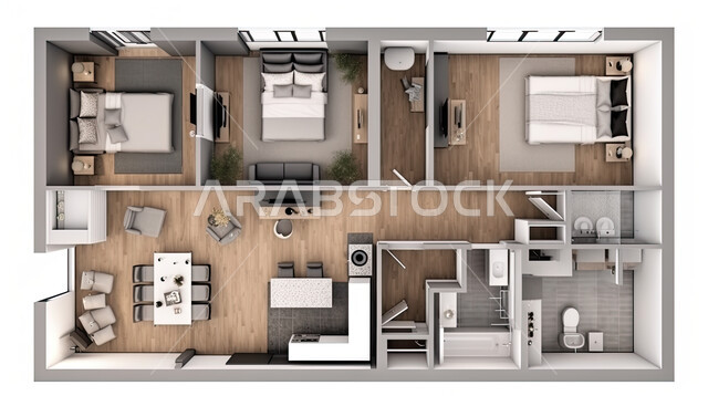 مخطط ثلاثي الأبعاد لشقة سكنية بتصاميم عصرية ، ديكورات وأثاث منزلي راقي، تصاميم أوتيل فخمة ، شقق سكنية سياحية، فنادق فاخرة، شقة داخلية مفروشة، تصميم معماري هندسي حديث