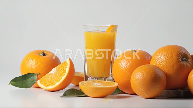 مشروبات باردة ، عصير البرتقال الطازج مع شريحة البرتقال ، عصائر طبيعية لذيذة صحية ومفيدة ، كوكتيل صيفي منعش ومثلج , خلفية بيضاء
