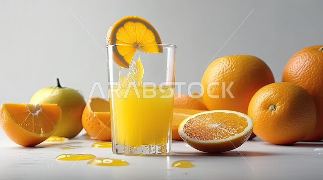 عصير البرتقال الطازج مع شريحة البرتقال ، مشروبات باردة ، عصائر طبيعية لذيذة صحية ومفيدة ، كوكتيل صيفي منعش ومثلج , خلفية بيضاء