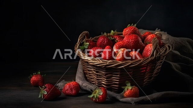 الفواكه الطازجة, مجموعة من حبات الفراولة داخل السلة , الفراولة الناضجة, فاكهة صحية ولذيذة, خلفية سوداء.