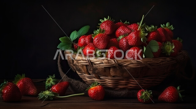 كومة من حبات الفراولة داخل السلة , الفواكه الطازجة, الفراولة الناضجة, فاكهة صحية ولذيذة, خلفية سوداء.