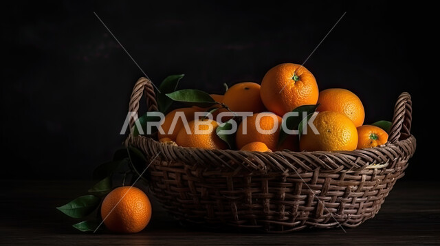 مجموعة من حبات البرتقال داخل السلة , الفواكه الطازجة و الناضجة, فاكهة صحية ولذيذة, خلفية سوداء.