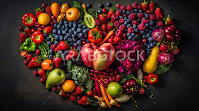 فواكه وخضراوات لذيذة وصحية وطازجة, مجموعة من الفواكه والخضراوات المتنوعة على شكل قلب, محاصيل زراعية سعودية, منتجات محلية,  خلفية سوداء