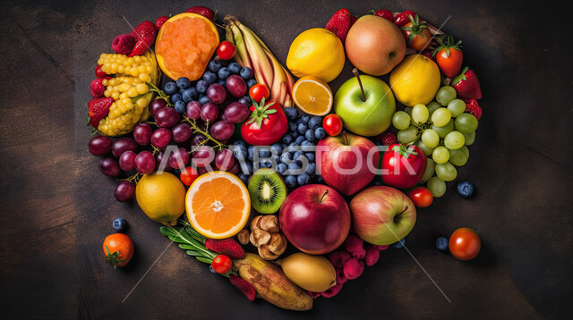 A set of various fruits and vegetables in the shape of a heart, Saudi agricultural crops, local products, delicious, healthy and fresh fruits and vegetables, black background
