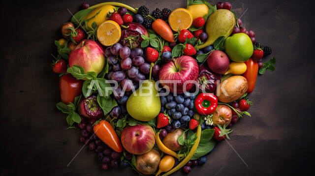 A set of various fruits and vegetables in the shape of a heart, Saudi agricultural crops, local products, delicious, healthy and fresh fruits and vegetables, black background