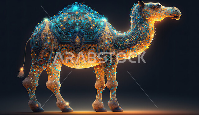 رسوم بيانيه ثري دي لحيوان الابل الثدي ، ناقة مزخرفة على  خلفية سوداء, أضحية وقربان عيد الاضحى المبارك، مجسم ثلاثي الابعاد لحيوان الجمل المضيئ ،أعياد دينيه إسلاميه