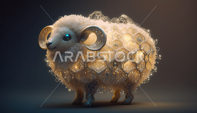 رسوم بيانيه ثري دي لحيوان الغنم الثدي ، مجسم ثلاثي الابعاد لحيوان الخاروف المضيئ ، أضحية وقربان عيد الاضحى المبارك، أعياد دينيه إسلاميه, خاروف مزخرف على خلفية سوداء
