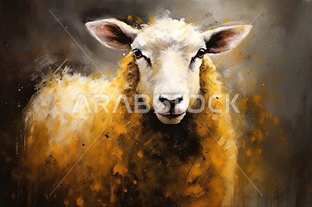 قربان و أعياد عيد الاضحى المبارك، لوحات فنيه بالفرشاه والألوان الزيتيه والمائيه لحيوان الخاروف ،حيوان الغنم الثدي الاليف،  أعياد دينيه إسلاميه  ، خلفية بنية