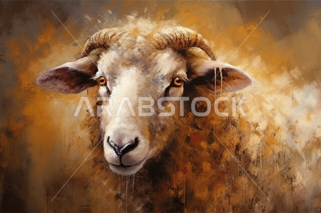 لوحات فنيه بالفرشاه والألوان الزيتيه والمائيه لحيوان الخاروف ، أضحية وقربان عيد الاضحى المبارك، لحيوان الغنم الثدي الاليف،  أعياد دينيه إسلاميه  ، خلفية بنية