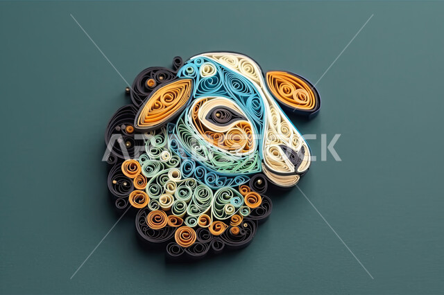 صورة مقربة لتصميم بالورق الملون ثلاثي الابعاد لحيوان الخاروف, مجسم أوريغامي لغنم ثدي اليف, فن طي الورق, فنون يدويه تشكيليه, مواشي وحيوانات عيد الأضحى المبارك, خلفيه زرقاء