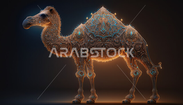 ناقة مزخرفة على  خلفية سوداء, أضحية وقربان عيد الاضحى المبارك، مجسم ثلاثي الابعاد لحيوان الجمل المضيئ ، رسوم بيانيه ثري دي لحيوان الابل الثدي ، أعياد دينيه إسلاميه