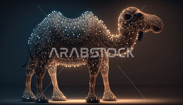 أضحية وقربان عيد الاضحى المبارك، مجسم ثلاثي الابعاد لحيوان الجمل المضيئ ، رسوم بيانيه ثري دي لحيوان الابل الثدي ، أعياد دينيه إسلاميه ، ناقة مزخرفة على  خلفية سوداء