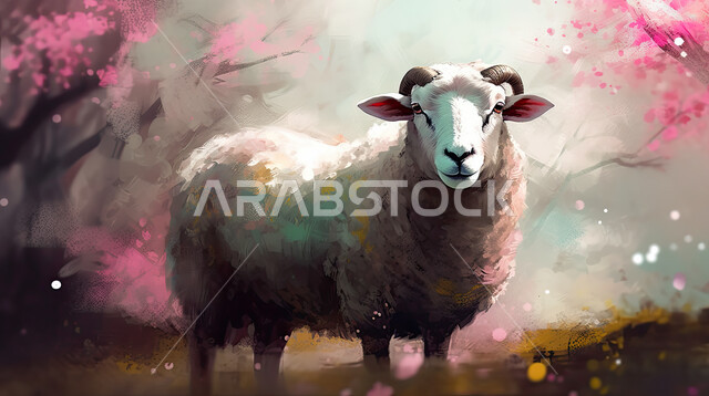 أضحية وقربان عيد الاضحى المبارك، لوحات فنيه بالفرشاه والألوان الزيتيه والمائيه لحيوان الخاروف المزين بالأزهار الملونة ، حيوان الغنم الثدي الاليف،  أعياد دينيه إسلاميه  ، خلفية الطبيعه