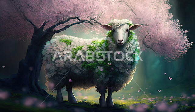 رسوم بيانيه ثري دي لحيوان الغنم الثدي الاليف، مجسم ثلاثي الابعاد لحيوان الخاروف المزين بالأزهار الملونة ،  أضحية وقربان عيد الاضحى المبارك، أعياد دينيه إسلاميه  ، خلفية زرقاء