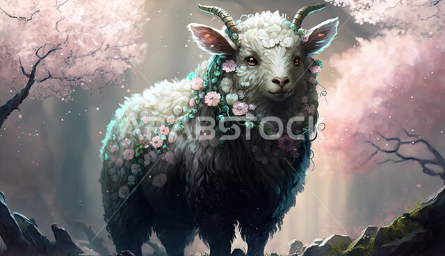 رسوم بيانيه ثري دي لحيوان الغنم الثدي الاليف، مجسم ثلاثي الابعاد لحيوان الخاروف المزين بالأزهار الملونة ،  أضحية وقربان عيد الاضحى المبارك، أعياد دينيه إسلاميه  ، خلفية زرقاء