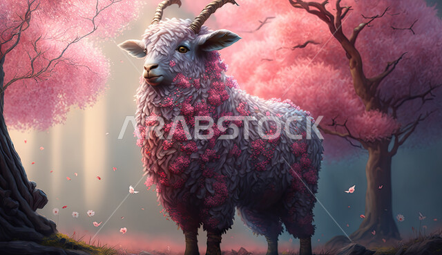 مجسم ثلاثي الابعاد لحيوان الخاروف المزين بالأزهار الملونة ، رسوم بيانيه ثري دي لحيوان الغنم الثدي الاليف، أضحية وقربان عيد الاضحى المبارك، أعياد دينيه إسلاميه  ، خلفية زرقاء