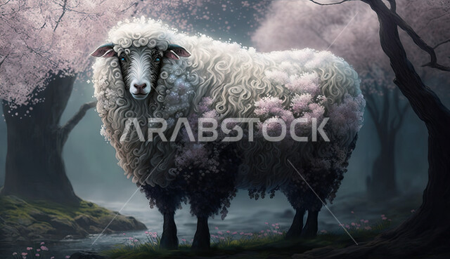 مجسم ثلاثي الابعاد لحيوان الخاروف المزين بالأزهار الملونة ، رسوم بيانيه ثري دي لحيوان الغنم الثدي الاليف، أضحية وقربان عيد الاضحى المبارك، أعياد دينيه إسلاميه  ، خلفية زرقاء