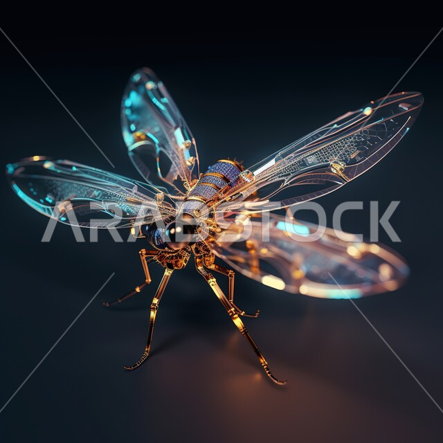 جهاز مراقبة الكتروني صغير على شكل يعسوب، مجسم ثلاثي الابعاد لحشرة تنصت وتجسس، تطور الذكاء الاصطناعي، تقدم التقنيه وتكنولوجيا المستقبل، خلفيه الكترونية