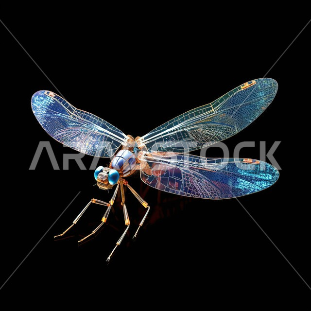 مجسم ثلاثي الابعاد لحشرة تنصت وتجسس، جهاز مراقبة الكتروني صغير على شكل يعسوب، تطور الذكاء الاصطناعي، تقدم التقنية وتكنولوجيا المستقبل، خلفيه سوداء