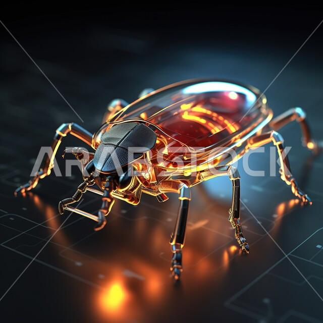 تقدم التقنيه وتكنولوجيا المستقبل، جهاز مراقبة الكتروني صغير على شكل خنفساء، مجسم ثلاثي الابعاد لحشرة تنصت وتجسس، تطور الذكاء الاصطناعي، خلفيه الكترونية