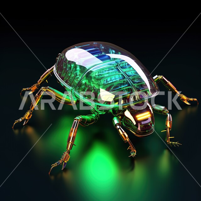 تطور الذكاء الاصطناعي، جهاز مراقبة الكتروني صغير على شكل خنفساء، مجسم ثلاثي الابعاد لحشرة تنصت وتجسس، تقدم التقنية وتكنولوجيا المستقبل، خلفيه ملونة