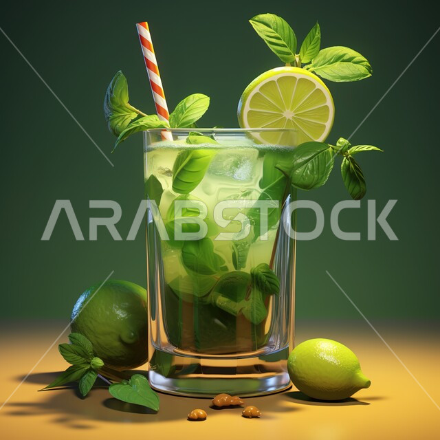صورة مقربة لعصير الليمون مع اوراق النعناع، مشروبات باردة طازجة، عصائر طبيعية لذيذة، كوكتيل صيفي منعش ومثلج، مشروبات حمضية في كوب زجاجي شفاف