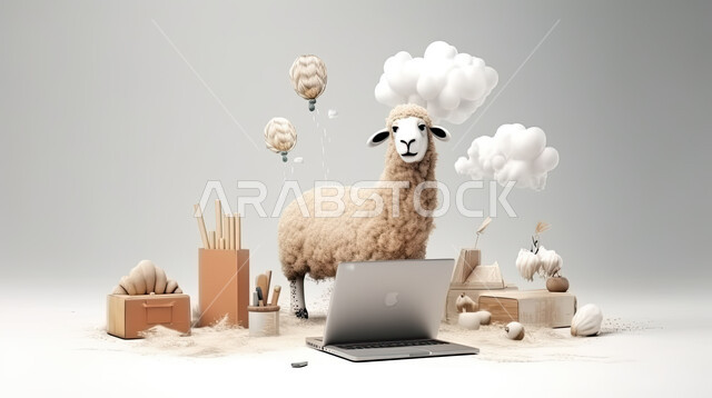 مجسم ثلاثي الابعاد لخروف أمام جهاز الحاسوب المحمول، مفهوم شراء وبيع الأضاحي عن بعد عبر جهاز الكمبيوتر، طلبات الاونلاين لذبح القربان في الأعياد الاسلاميه ، شراء الالعاب والهدايا في ايام العيد السعيد، خلفيه بيضاء