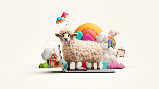 مجسم ثلاثي الابعاد لخروف أمام جهاز الحاسوب المحمول، مفهوم شراء وبيع الأضاحي عن بعد عبر جهاز الكمبيوتر، طلبات الاونلاين لذبح القربان في الأعياد الاسلاميه ، شراء الالعاب والهدايا في ايام العيد السعيد، خلفيه بيضاء