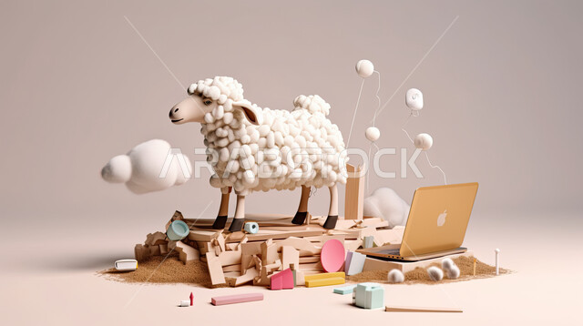 مجسم ثلاثي الابعاد لخروف أمام جهاز الحاسوب المحمول، مفهوم شراء وبيع الأضاحي عن بعد عبر جهاز الكمبيوتر، طلبات الاونلاين لذبح القربان في الأعياد الاسلاميه ، شراء الالعاب والهدايا في ايام العيد السعيد، خلفيه بيضاء