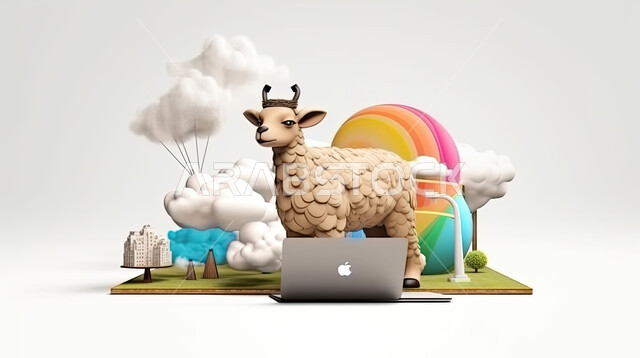 مجسم ثلاثي الابعاد لخروف أمام جهاز الحاسوب المحمول، مفهوم شراء وبيع الأضاحي عن بعد عبر جهاز الكمبيوتر، طلبات الاونلاين لذبح القربان في الأعياد الاسلاميه ، شراء الالعاب والهدايا في ايام العيد السعيد، خلفيه بيضاء