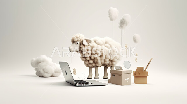 مجسم ثلاثي الابعاد لخروف أمام جهاز الحاسوب المحمول، مفهوم شراء وبيع الأضاحي عن بعد عبر جهاز الكمبيوتر، طلبات الاونلاين لذبح القربان في الأعياد الاسلاميه ، شراء الالعاب والهدايا في ايام العيد السعيد، خلفيه بيضاء