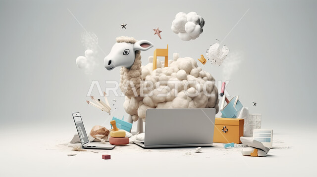 مجسم ثلاثي الابعاد لخروف أمام جهاز الحاسوب المحمول، مفهوم شراء وبيع الأضاحي عن بعد عبر جهاز الكمبيوتر، طلبات الاونلاين لذبح القربان في الأعياد الاسلاميه ، شراء الالعاب والهدايا في ايام العيد السعيد، خلفيه بيضاء