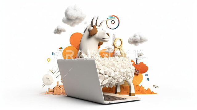 مجسم ثلاثي الابعاد لخروف أمام جهاز الحاسوب المحمول، مفهوم شراء وبيع الأضاحي عن بعد عبر جهاز الكمبيوتر، طلبات الاونلاين لذبح القربان في الأعياد الاسلاميه ، خلفيه بيضاء