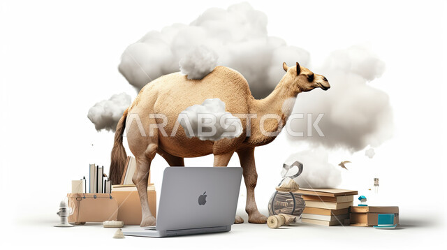 مجسم ثلاثي الابعاد لحيوان الجمل أمام جهاز الحاسوب المحمول، مفهوم شراء وبيع الأضاحي عن بعد عبر جهاز الكمبيوتر، طلبات الاونلاين لذبح القربان في الأعياد الاسلاميه ،  خلفيه بيضاء