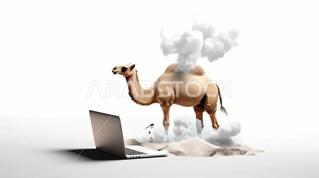 مجسم ثلاثي الابعاد لحيوان الجمل أمام جهاز الحاسوب المحمول، مفهوم شراء وبيع الأضاحي عن بعد عبر جهاز الكمبيوتر، طلبات الاونلاين لذبح القربان في الأعياد الاسلاميه ،  خلفيه بيضاء