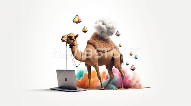 مجسم ثلاثي الابعاد لحيوان الجمل أمام جهاز الحاسوب المحمول، مفهوم شراء وبيع الأضاحي عن بعد عبر جهاز الكمبيوتر، طلبات الاونلاين لذبح القربان في الأعياد الاسلاميه ، شراء الالعاب والهدايا في ايام العيد السعيد، خلفيه بيضاء