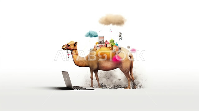 مجسم ثلاثي الابعاد لحيوان الجمل أمام جهاز الحاسوب المحمول، مفهوم شراء وبيع الأضاحي عن بعد عبر جهاز الكمبيوتر، طلبات الاونلاين لذبح القربان في الأعياد الاسلاميه ، شراء الالعاب والهدايا في ايام العيد السعيد، خلفيه بيضاء