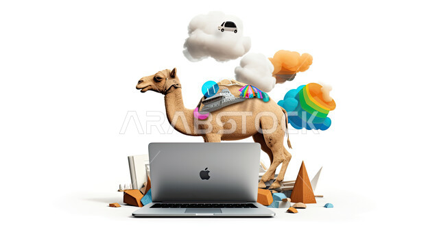 مجسم ثلاثي الابعاد لحيوان الجمل أمام جهاز الحاسوب المحمول، مفهوم شراء وبيع الأضاحي عن بعد عبر جهاز الكمبيوتر، طلبات الاونلاين لذبح القربان في الأعياد الاسلاميه ، شراء الالعاب والهدايا في ايام العيد السعيد، خلفيه بيضاء