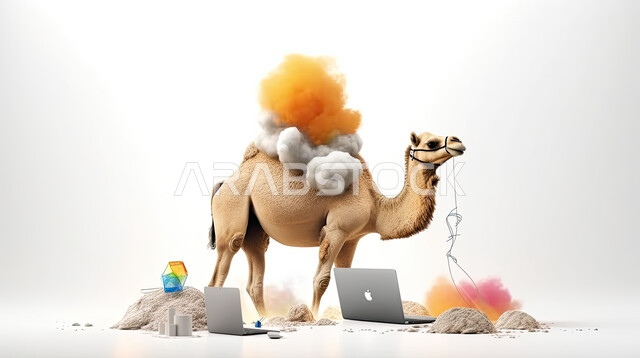 مجسم ثلاثي الابعاد لحيوان الجمل أمام جهاز الحاسوب المحمول، مفهوم شراء وبيع الأضاحي عن بعد عبر جهاز الكمبيوتر، طلبات الاونلاين لذبح القربان في الأعياد الاسلاميه ، شراء الالعاب والهدايا في ايام العيد السعيد، خلفيه بيضاء