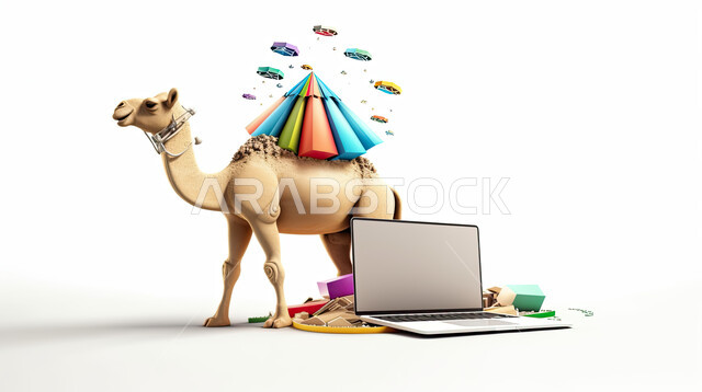 مجسم ثلاثي الابعاد لحيوان الجمل أمام جهاز الحاسوب المحمول، مفهوم شراء وبيع الأضاحي عن بعد عبر جهاز الكمبيوتر، طلبات الاونلاين لذبح القربان في الأعياد الاسلاميه ، شراء الالعاب والهدايا في ايام العيد السعيد، خلفيه بيضاء