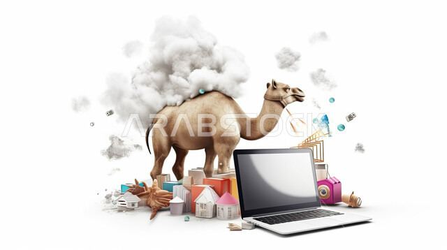 مجسم ثلاثي الابعاد لحيوان الجمل أمام جهاز الحاسوب المحمول، مفهوم شراء وبيع الأضاحي عن بعد عبر جهاز الكمبيوتر، طلبات الاونلاين لذبح القربان في الأعياد الاسلاميه ، شراء الالعاب والهدايا في ايام العيد السعيد، خلفيه بيضاء
