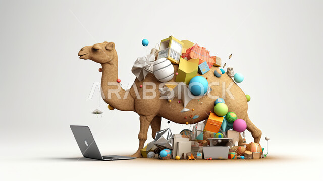 مجسم ثلاثي الابعاد لحيوان الجمل أمام جهاز الحاسوب المحمول، مفهوم شراء وبيع الأضاحي عن بعد عبر جهاز الكمبيوتر، طلبات الاونلاين لذبح القربان في الأعياد الاسلاميه ، شراء الالعاب والهدايا في ايام العيد السعيد، خلفيه بيضاء