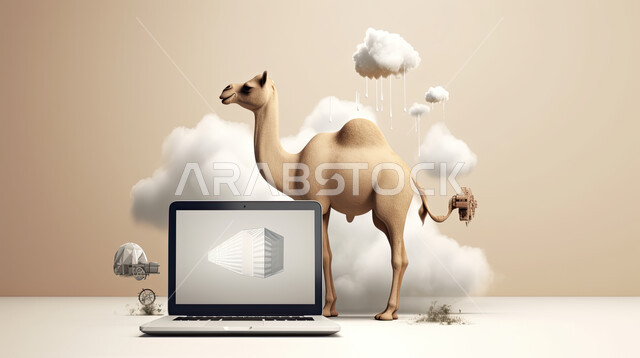 مجسم ثلاثي الابعاد لحيوان الجمل خلف جهاز الحاسوب المحمول، مفهوم شراء وبيع الأضاحي عن بعد عبر جهاز الكمبيوتر، طلبات الاونلاين لذبح القربان في الأعياد الاسلاميه ،  خلفيه بيضاء