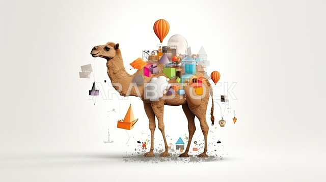 رسوم بيانيه ثري دي لحيوان الابل الثدي ، مجسم ثلاثي الابعاد لحيوان الجمل المحمل بالألعاب وهدايا العيد السعيد ، أضحية وقربان عيد الاضحى المبارك، أعياد دينيه إسلاميه ,خلفيه بيضاء