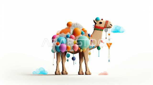 رسوم بيانيه ثري دي لحيوان الابل الثدي ، مجسم ثلاثي الابعاد لحيوان الجمل المحمل بالألعاب وهدايا العيد السعيد ، أضحية وقربان عيد الاضحى المبارك، أعياد دينيه إسلاميه ,خلفيه بيضاء
