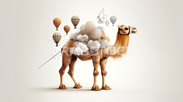 مجسم ثلاثي الابعاد لحيوان الجمل المحمل بالأمتعة ، رسوم بيانيه ثري دي لحيوان الابل الثدي ،  أضحية وقربان عيد الاضحى المبارك، أعياد دينيه إسلاميه ,خلفيه بيضاء